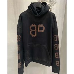 Sweat à capuche pour hommes Balencigaas Pull pour hommes Sweat-shirt Paris 24 Nouveau BB Washed Old Heavy Industry Porté Famille Lavé Noir Pull unisexe Sweat à capuche A HDZO