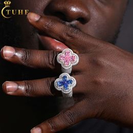 Diseñador Venta caliente Hip Hop Joyería de boda de lujo Pareja Lucky Clover 925 Plata de ley Rosa Gota de agua VVS Moissanite Diamond Iced Out Cross Ring