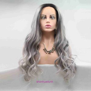 Designer Wigs humains Cheveux pour femmes Front Front Front Fibre synthétique Fibre à haute température Bandeau de perruque de soie avec gris et blanc Couleur mélangée Curly Lignes