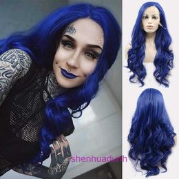 Ontwerper Human Wigs Hair For Women Wig Dames half handgeweven High Temperaty Silk Fashion Blue Lang krullend haar Voorkant Lant Cover