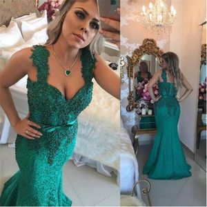 Designer Hunter Green Long Mermaid Avond Jurken Spaghetti Banden Parels Parels Arabische kanten applique Dubai formele jurken feestjurk 185r