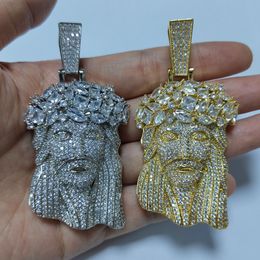 Collier avec pendentif tête de Jésus Iced Out CZ, plaqué or, avec maillon de chaîne cubaine en diamant de 13 mm
