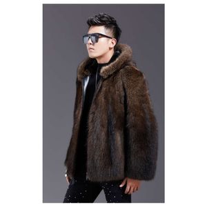 Manteau de styliste en fausse fourrure de vison pour hommes, capuche de pêche entière, tendance pour jeunes, KT30