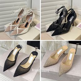 Designer JC Femmes Sandale Luxury Chaussures à talons hauts Classic Rhinestone Net Real Leather Fashion Summer Casual Wedding Party Occase Robe Shoes With Box