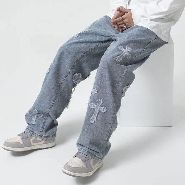 Hip Hop Low Rise Baggy Jean Cross Mens Denim Pantalones Y2K Hombres Moda coreana Streetwear Pantalones Mujeres Oversized Boyfriend Clothes