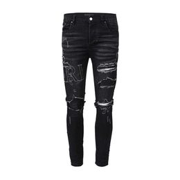 Designer Jeans Amira Mode Hommes Trendy New High Street Patchwork Trous Wash Denim Coton Slim Fit OL3E Plissé Ridé Kn2280