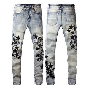 Designer jeans amirs gat jeans voor heren magere motorfiets amirs jeans trendy gescheurde apart gat helemaal ronde sterrenhemel letters slank poot