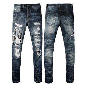 Designer jeans amirs gat jeans voor heren magere motorfiets amirs jeans trendy gescheurde patchwork gat allround star letters slank pootig