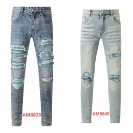 designer jeans designer herenjeans geborduurde jeans Amerikaanse high street blauwe jeans blauw gescheurd verweerd Amerikaanse gele verf verweerd verweerd