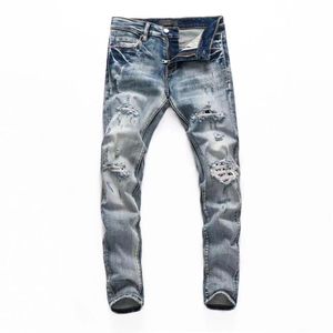 Designer Jeans Distressed Heren Jean Broek Skinny Jeans Stickers Light Wash Ripped Long Blue Motorcycle Rock