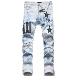 Jeans de diseñador europeo jean hombre letra estrella hombres bordado de bordado rasgado para la marca de tendencias pantel