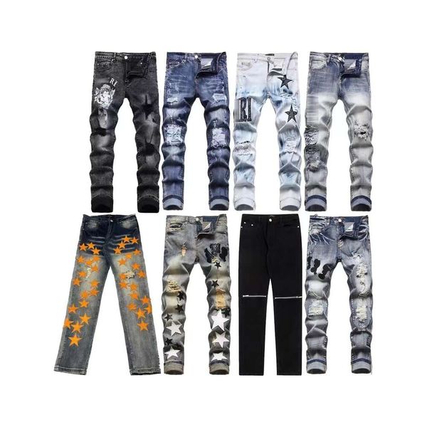 Designer Jeans Mode Européenne Amérique Style Jean Hombre Lettre Étoile Broderie Patchwork Ripped Moto Pantalon Hommes Maigre en gros