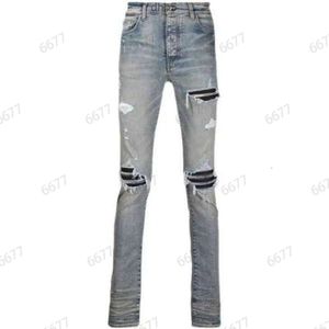 Jeans de diseñador Moda Tendencia Marca High Street Azul claro Desgastado Patchwork Hombres Slim Fit Moda Moda