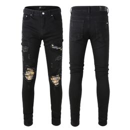 Designer Jeans for Man Biker Mens Pants Ripped Slim Stretch Skinny Distressed Motorcycle Patchwork Denim Fit Hip Hop Streetwear Straight Leg Jogger Trousers Black