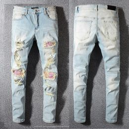 Designer Jeans For Man Skinny Slim Fit lichtblauwe Kee gescheurde denim noodfietser met gatrode plekken taps toelopende rechte verzachter cult stretch schedel plus size mode