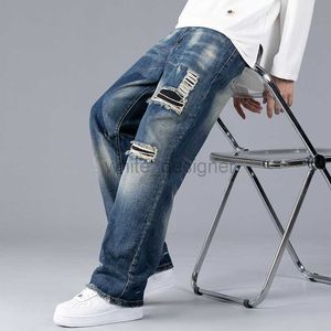 Designer jeans voor heren herfst nieuwe noodlijdende heren jeans patch los rechte been wide been trendy casual heren broek