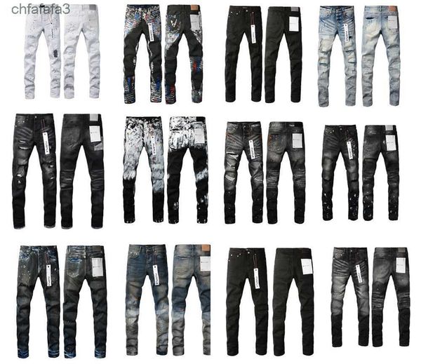 Jeans de diseñador para pantalones para hombres Jeans púrpuras personalizando las tendencias de ciclismo negro desgastado Mans Slim Fit Men apilados Holgues 76x4