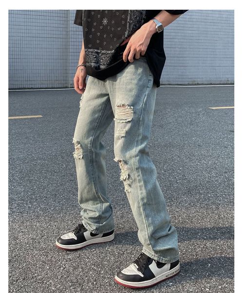 Designer Jeans High Street Street Water Water Vintage Ripped Jeans for Men Ins European et American Trendy Brand Vibe Loose Loose Long Long Pantal