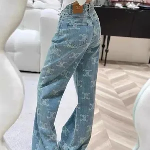 Jeans de créateur taille haute jeans skinny revers blanc lettre design jeans à jambe droite femmes jeans imprimés haut de gamme pour femmes taille haute