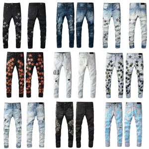 Designer Jeans Men Jeans Street Fashion Men Retro Light Blue Stretch Skinny Fit gescheurde roze gepatchte ontwerper Hip Hop Brandbroek HOMBRE HOMBRE