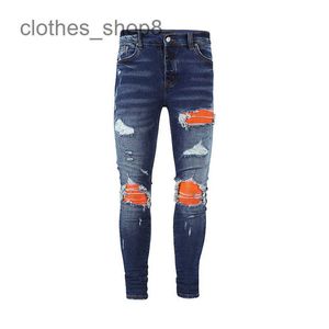 Jeans de diseñador Jean Amirres Denim Pantalones para hombre High Street Light Blue Orange Cuero Doble rodilla Corte SLP S EWW2