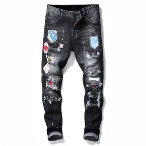 Jeans de diseñador para hombre para hombre Hombre Badge Rips Stretch Fashion Black Jeans Moda masculina Slim Luxury DesignerMen's Jeans Slim Fit Pantalones bordados elásticos jeans hombre