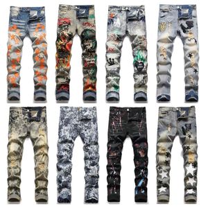 Designer Jeans Mens denim borduurbroek mode gaten broek hiphop verontruste ritssluiting voor mannelijke paarse jeans ruïne 2024 nieuwste gat