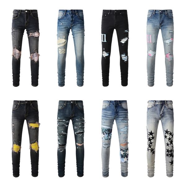 Jeans de diseñador Jeans ajustados para hombre Desig 16 colores pantalones largos Hippop pegatina bordado Slim Denim Straight streetwear pantalones pitillo al por mayor 29-40
