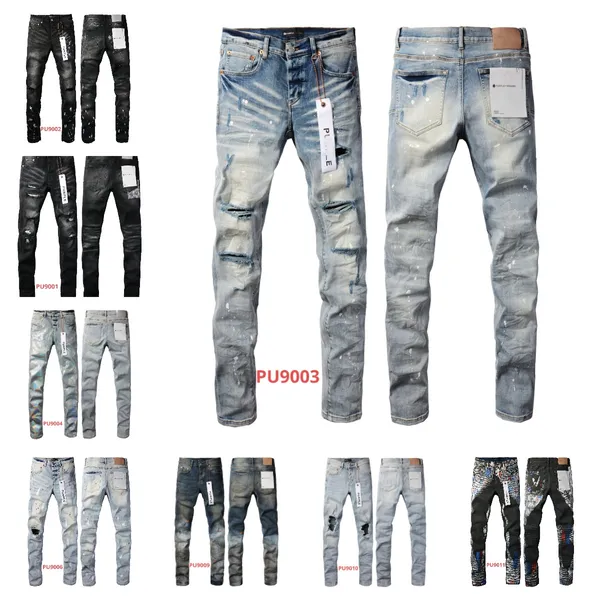 Jeans de créateurs nouveaux jeans pour hommes de moto de commerce extérieur jeans violets pantalons pour hommes élastiques déchirés au genou droit européen et américain