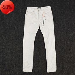 Designer jeans paars merk heren laagbouw slim fit elastisch klassiek oude stijl geperforeerde witte katoenen jeans herenjeans modemerk paarse jeans