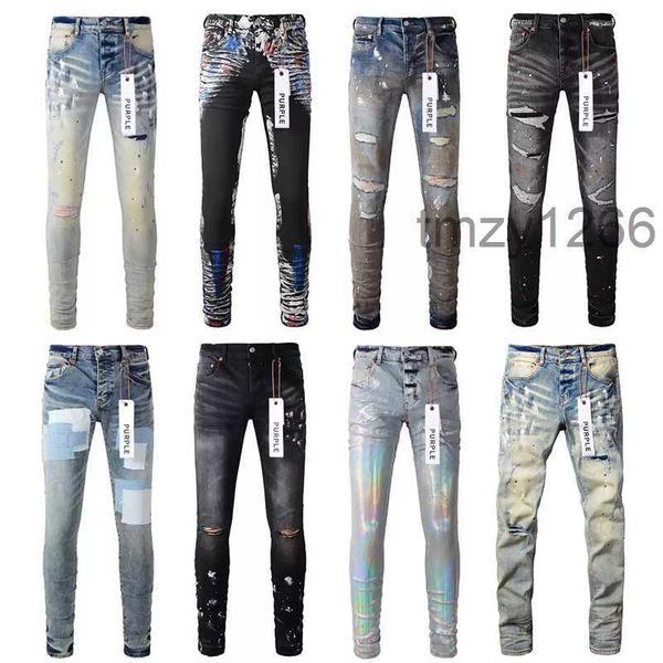 Jeans de diseñador púrpura para hombre flaco motocicleta moda rasgado patchwork agujero todo el año patas delgadas marca al por mayor BI5Q