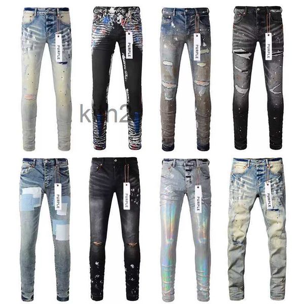 Jeans de diseñador Púrpura para hombre Flaco Motocicleta Moda Ripped Patchwork Hole Todo el año Piernas delgadas Marca al por mayor 1IQF