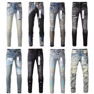 paarse jeans designer jeans voor heren skinny motorfiets Trendy gescheurde patchwork gaten het hele jaar door slanke pijpen groothandel paarse merkjeans