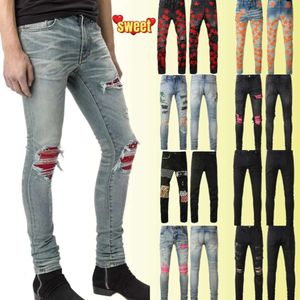 Jeans de créateur Jeans violets Jeans pour hommes Skinny moto tendance déchiré trou de patchwork toute l'année Jeans à jambes minces en gros 2 pièces 10% de réduction