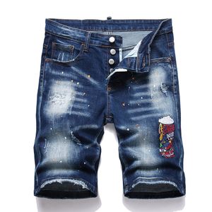 Designer Jeans Shorts Heren Mens Dark Blue Denim Borduurwerk Korte broek Fashion Holes Trouser Us Size 30-38 Hip Hop noodlijdende ritssluiting voor mannelijke 3753