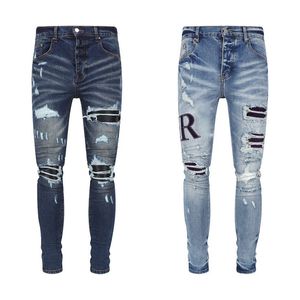 Jeans de diseñador Pila de jeans rasgados europeos Hombres bordados Acolchado Diseño de costura plegable Montar en motocicleta Pantalón delgado y fresco Jeans morados para mujeres Jeans para hombre Tamaño 30-40