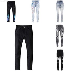 Designer Jeans Stack Europese Ripped Jean Mannen Borduren Quilten Vouw Stiksels Ontwerp Motorrijden Cool Slim Pant Paars voor Dames Heren Jeanseo4i