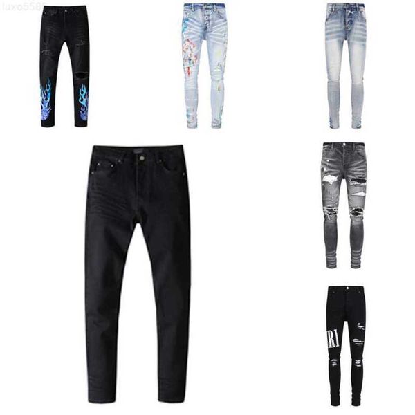 Diseñador Jeans Stack European Ripped Jean Hombres Bordado Acolchado Pliegue Costura Diseño Motocicleta Montar Cool Slim Pant Púrpura para mujeres Hombres Jeanseo4i