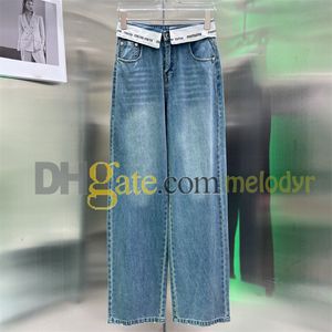 Designer Jeans vrouwen rechte broek Letter Webbing Losse denim broek Retro Light Blue Long Jean Pants