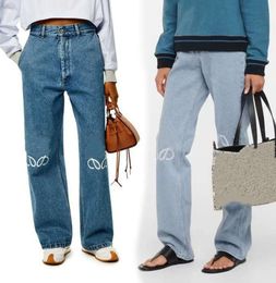 Diseñadores Jeans Llegados para mujeres High Loewe Winist Street Hollowed Patch Decoración bordada Azule Blue Denim recto Pantalones Undefinidos