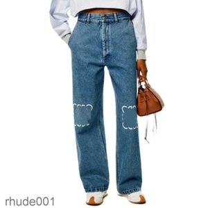 Designer jeans dames aankomsten hoge taille uitgeholde patch geborduurde decoratie casual blauw rechte denim broek abiz 6e1t