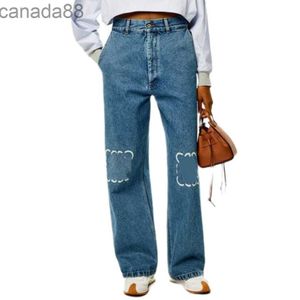 Designer jeans dames aankomsten hoge taille uitgeholde patch geborduurde logo decoratie casual blauw rechte denim broek b3nu 2tkm