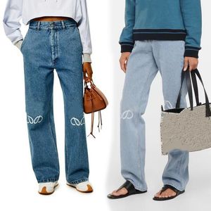 Designer Jeans Damesjeans Aankomst Hoge taille Straat uitgeholde patch Geborduurde decoratie Casual blauwe rechte denim broek