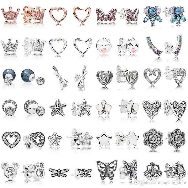 Bijoux de créateur Boucles d'oreilles en argent 925 coeur Clous d'oreille fit Pandora Crown Star Love Heart Clous d'oreille amour Boucles d'oreilles Style européen Murano