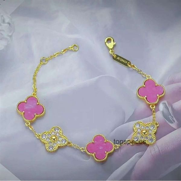 Joyería de diseño Cleef Van Pulsera de trébol de cuatro hojas Brazalete vanly Pulsera Clefly Transmisión en vivo de la nueva Pulsera de hierba de cuatro hojas de la suerte Pulsera de diamantes rosa rosa Fem