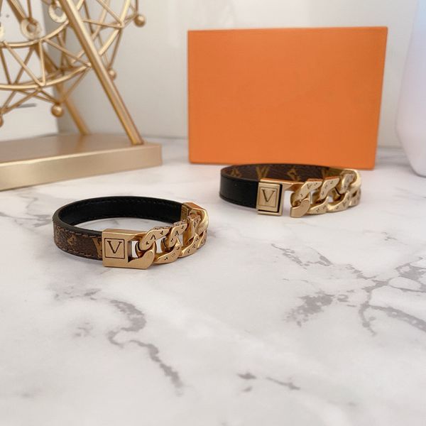 Bijoux de créateur bracelets en cuir doré bracelet de charme pour hommes pour femmes à la main large brun fleur de fleur de fleur orde de logo doré