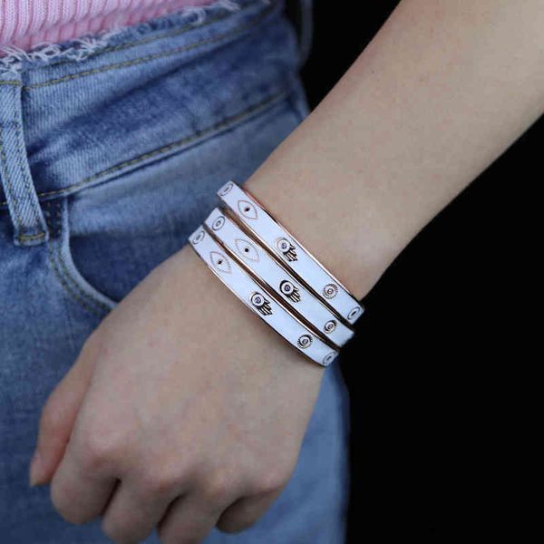 Bijoux de créateurs de haute qualité chanceux turc mauvais œil bracelet pour femmes couleur or rose émail blanc coloré zircon cubique manchettes ouvertes