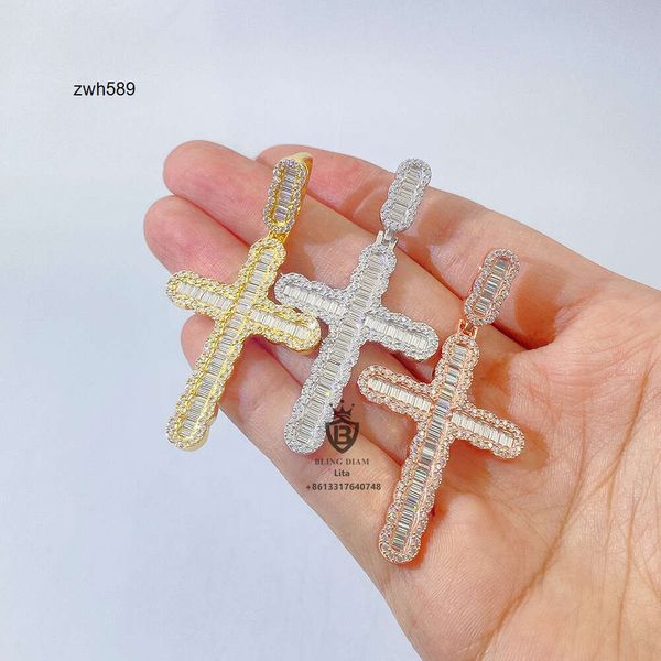 Designer Jewelry Hip Hop Prêt à expédier Hip Hop Mens Baguette Cut Silver Moissanite Only Catholic Cross Pendant