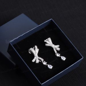 Designer sieraden Zilveren strik oorbellen, Embed Zircon Crystal hanger dames oorbellen, mode en elegantie, bruiloft, bruids, diner, geschenken