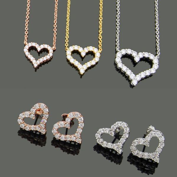 Designer Bijoux Femmes Diamant Coeur Pendentif Colliers Or Rose Boucles D'oreilles Costumes Jamais Fading En Acier Inoxydable 3 Couleurs Argent Plaqué Or Style De Mode Classique